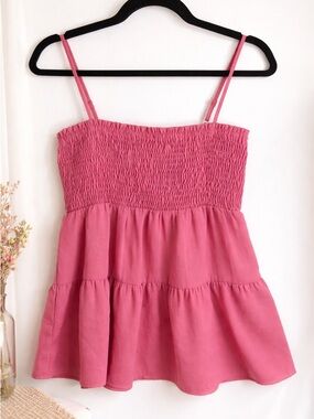 Paperycrane Pink Smocked Babydoll Tank Top Medium Adjustable Straps Flowy